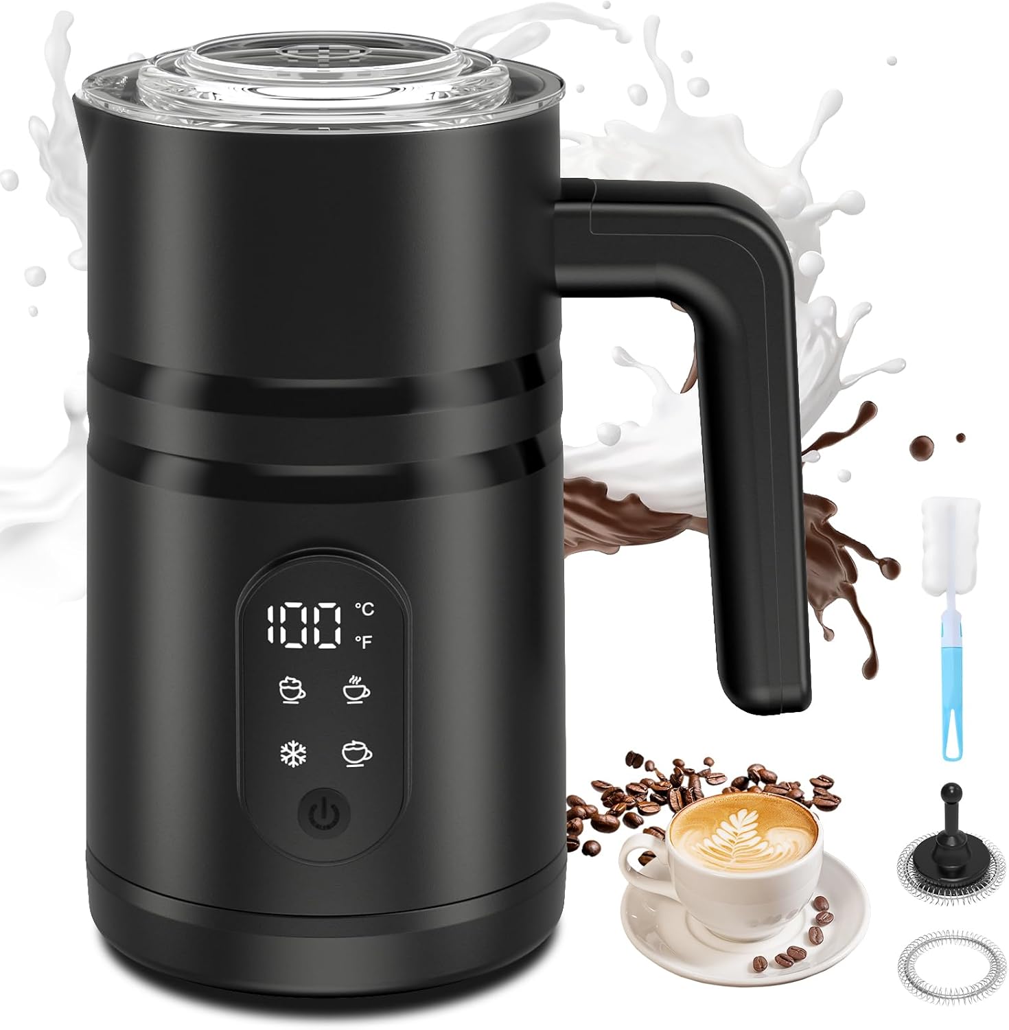 Electric Milk Frother, 5-in-1 Milk Frother Induction (350 ml) - Electric Milk Warmer for Cappuccino, Latte Coffee, Hot Chocolate & Cold Milk Foams, Milk Frother (Black)