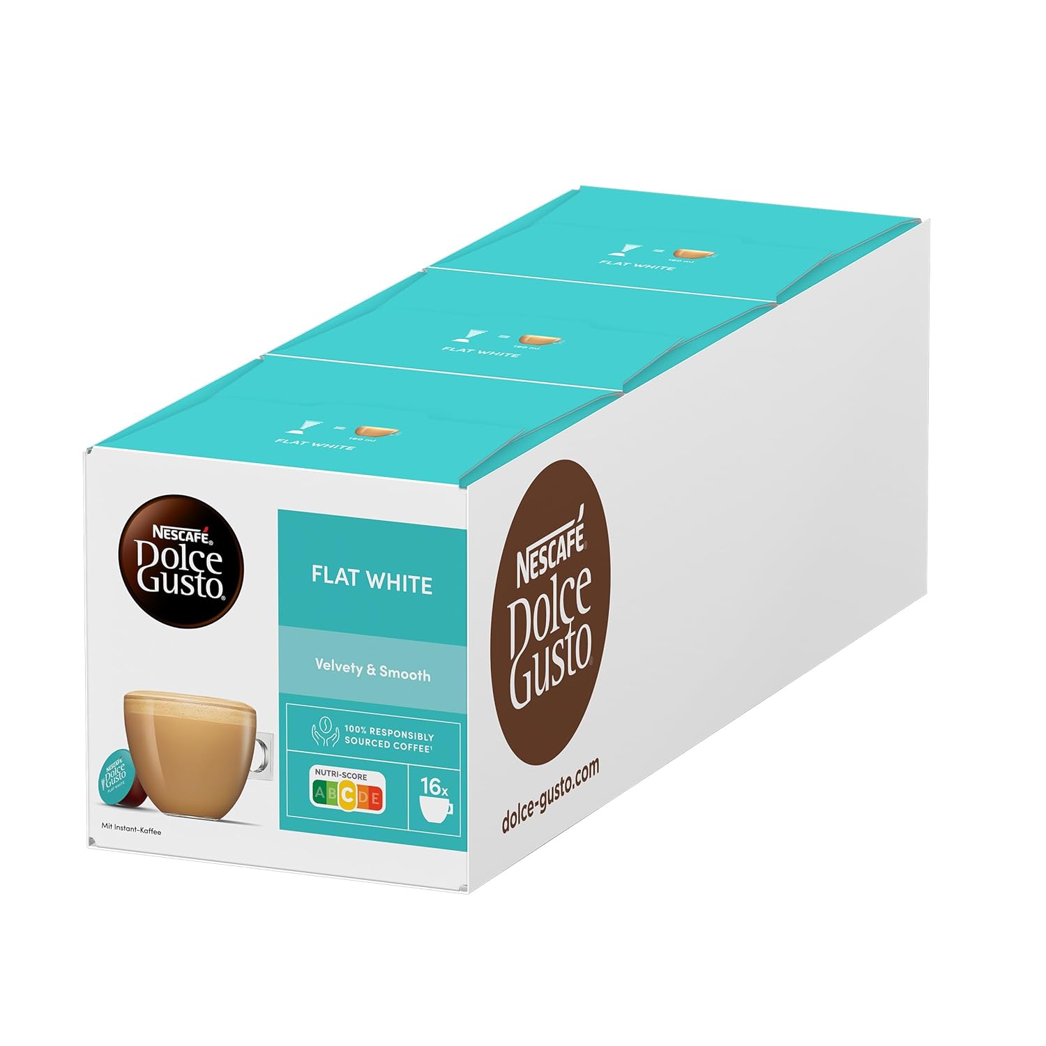 NESCAFÉ Dolce Gusto Flat White | 48 coffee capsules | Arabica and Robusta beans | Creamy-Milky Enjoyment | Coffee creation | Coffee shop trend | Aroma-sealed capsules (3 x 16 capsules)