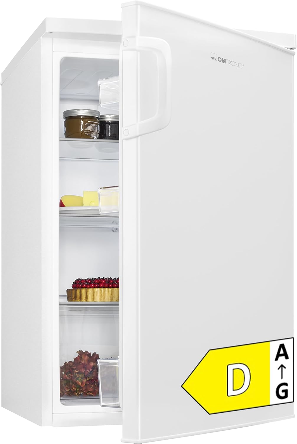 Clatronic Fridge without Freezer, Energy Class D, 84.5 cm, Full Room Refrigerator, Quiet 39 dB, Door Hinge Changeable, 0 °C - 8 °C, 133 L, Small Fridge with Vegetable Compartment, VS 100 White