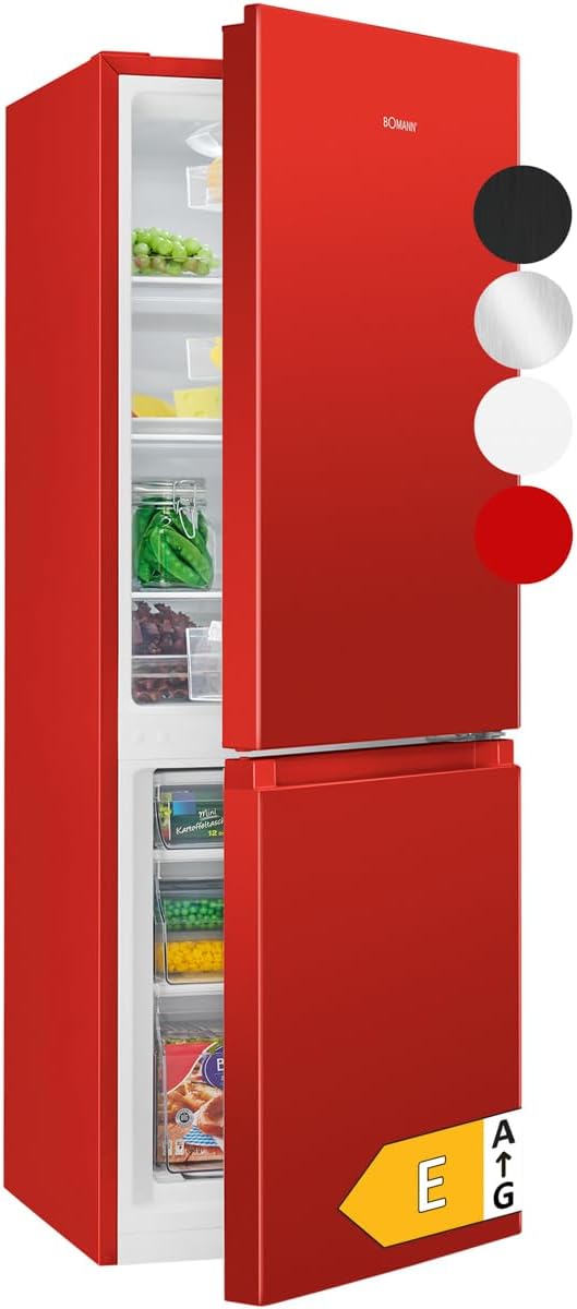 Bomann® Fridge-Freezer KG 320.2, 143 cm High, Fridge-Freezer with 175 Liter Capacity, 3 Shelves and 3 Drawers, Door Stop Replaceable, Quiet Fridge-Freezer 39 dB, Red