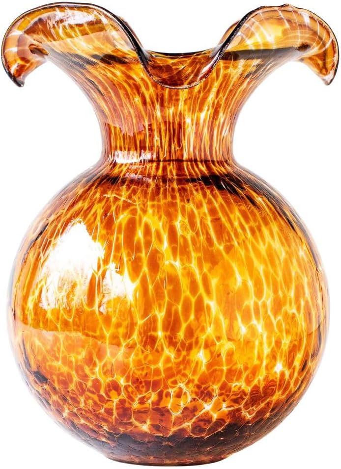 Vietri Large Fluted Vase in Brown Hibiscus Glass Tortoise Shell Design