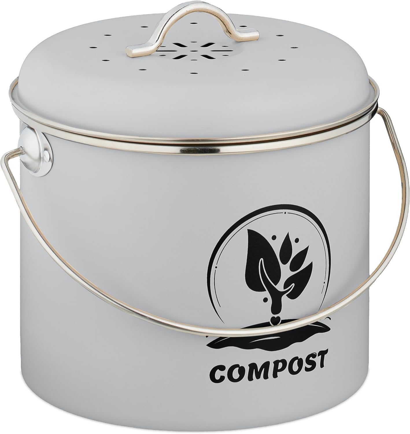 Relaxdays Kitchen Compost Bin, 3.5 Litres, 2 Activated Carbon Filters, with Lid, Handle, Iron, Round Organic Waste Container, Grey