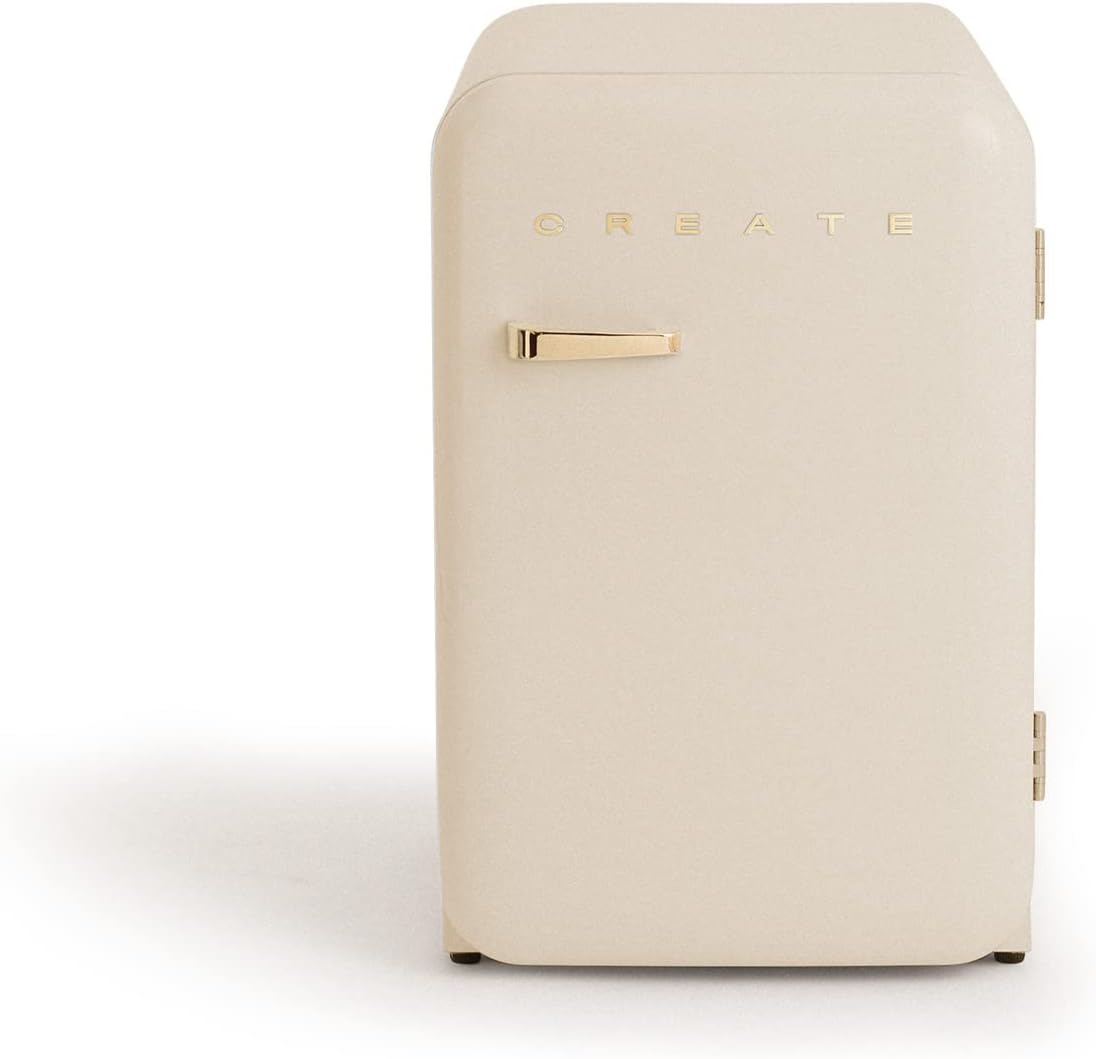 CREATE Retro Friend 83.5 Gold Fridge in Cream White, Gold Handle, 98 W, Low Consumption, 2 Shelves, Temperature Control, Bottle Holder, 56 x 54 x 84 cm