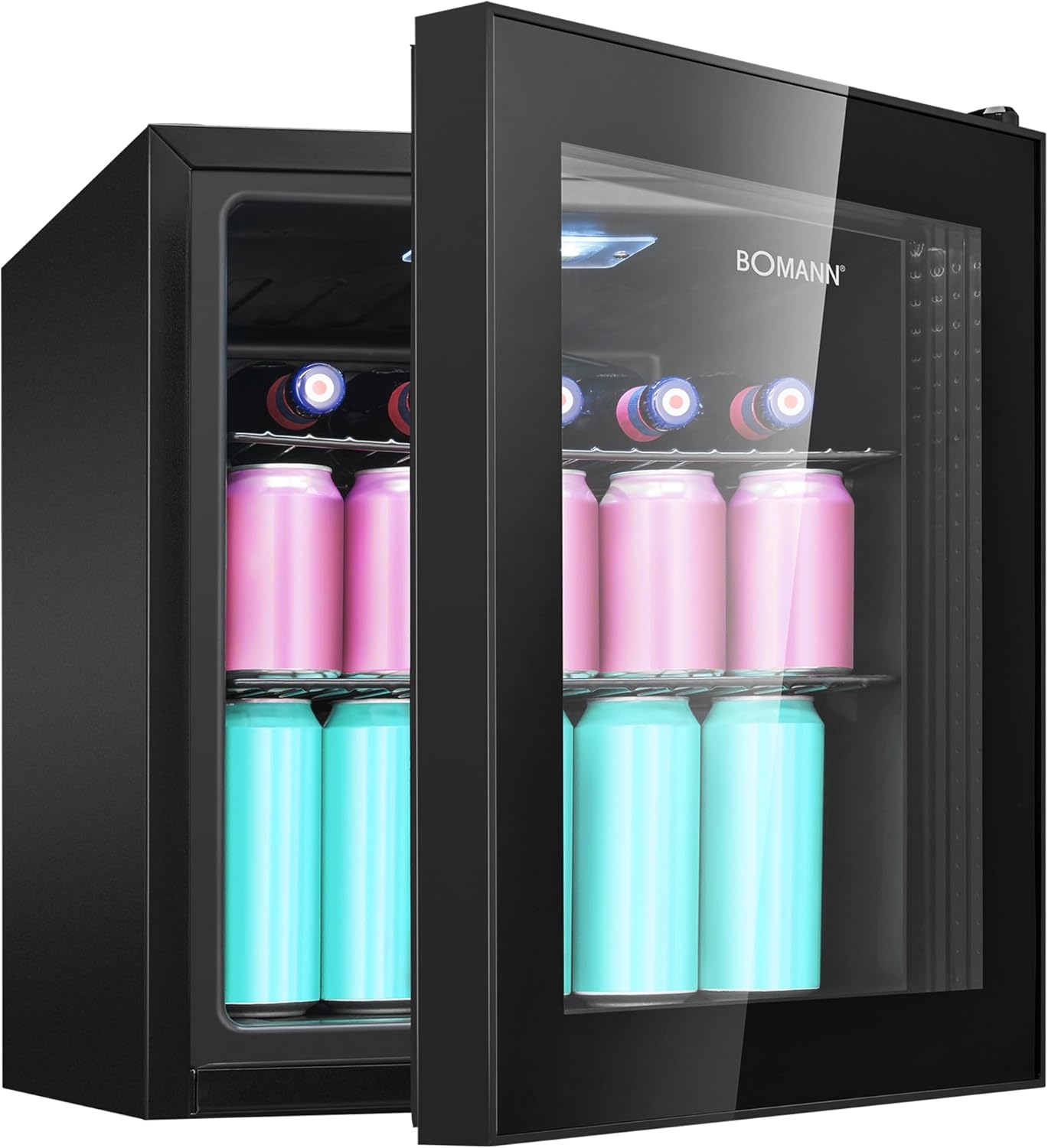 Bomann® Drinks Fridge for up to 55 Cans Fridge with Glass Door 42 dB Quiet 2 Shelves Fridge Drinks 46 L Mini Fridge Glass Door Mini Bar for Office, Outdoor and Gaming KSG 7291