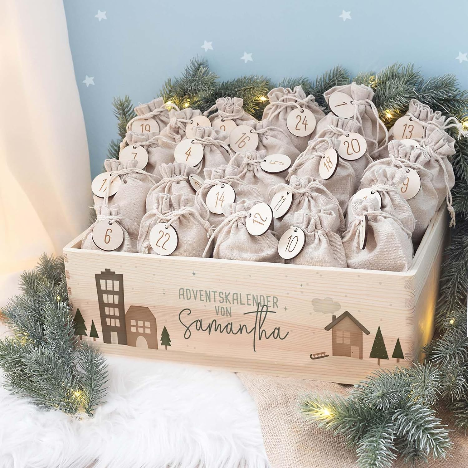 Personalized Advent Box - Wooden Advent Calendar with Name - Engraving Calendar DIY - Christmas Calendar for Children - Hello Mini (Winter Landscape Print)