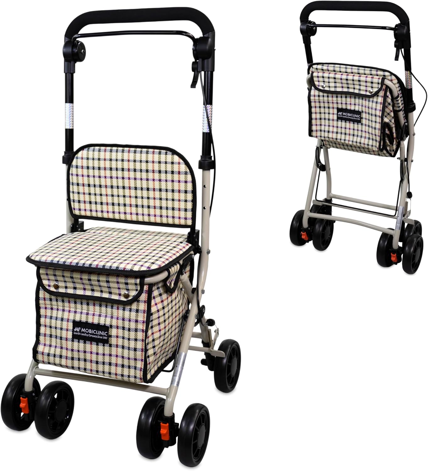 Mobiclinic®, Shopping Trolley with Large Shopping Bag and Seat, 21 Litres, Foldable Lightweight, Shopping Trolley, Double Brake System, Walking Aid, Made of Steel, Stable