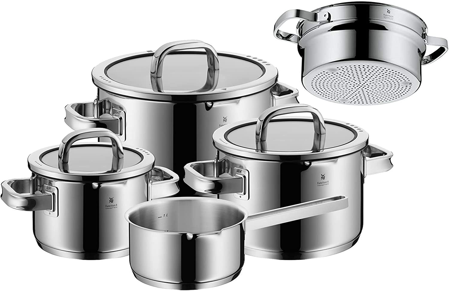 WMF Function 4 5-Piece Saucepan Set, Polished Cromargan Stainless Steel Saucepans with Glass Lids, 4 Pouring Functions, Induction Pots, Scale Inside, Uncoated, Black