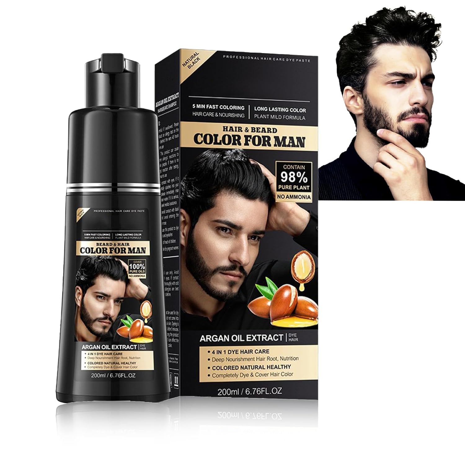 Black Hair Dye Shampoo, 3-in-1 Black Hair Dye Shampoos, Natural Hair Dyeing Shampoos for Men and Women, Gray Coverage & Care in One, Sham Poo Against Gray Hair, 200 ml