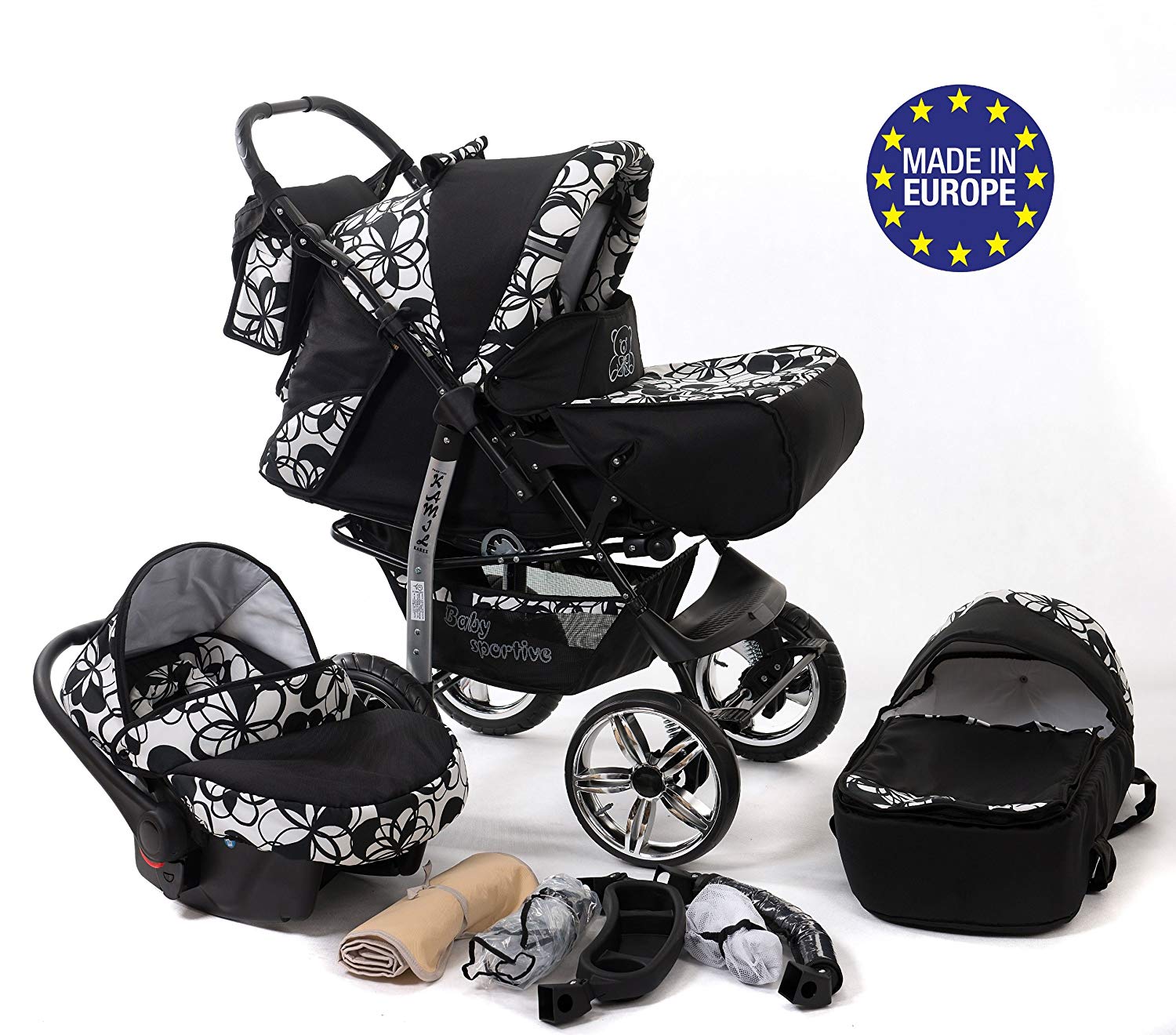 Baby Sportive Kamil, Kombikinderwagen set - incl. Kinderwagen 3 in 1 mit Zubehör, Babyschale und Sportwagen Aufsatz. System mit RÄDER NICHT SCHWENKBAR