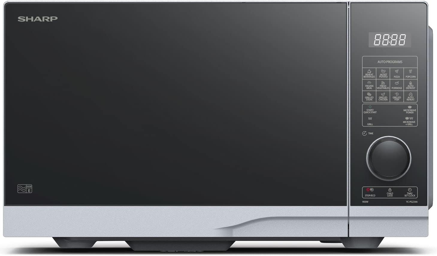 SHARP YC-PG234AE-S Microwave with Grill (900 W, 23 L, 10 Power Levels, Eco Function, Defrost Function, Child Lock), Silver/Black