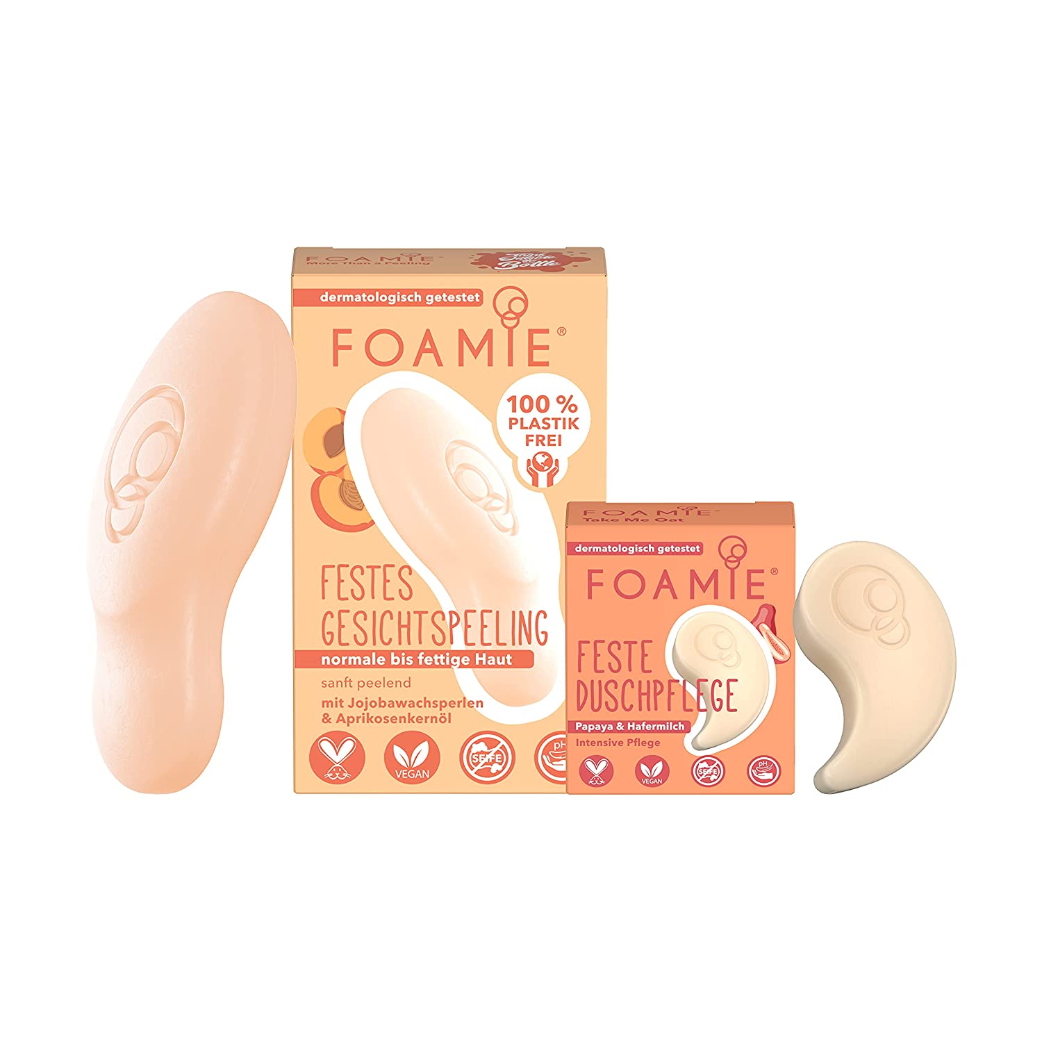 Foamie Feste Gesichtsreinigung mit Jojobawachsperlen & Aprikosenkernöl Peeling-Effekt 60g plus GRATIS Probierprobe Foamie Feste Duschpflege mit Hafermilch & Papaya 20g, ‎beige