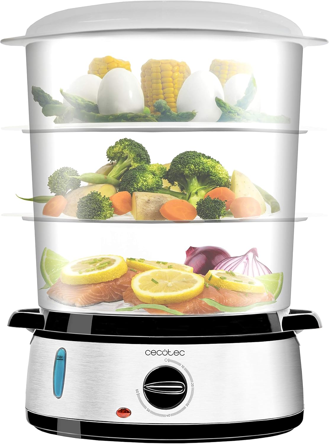 Cecotec Vapovita 3000 INOX steamer with 800 W, 3 independent containers, rice bowl, egg holder, 60-minute timer. 2 side water connections.
