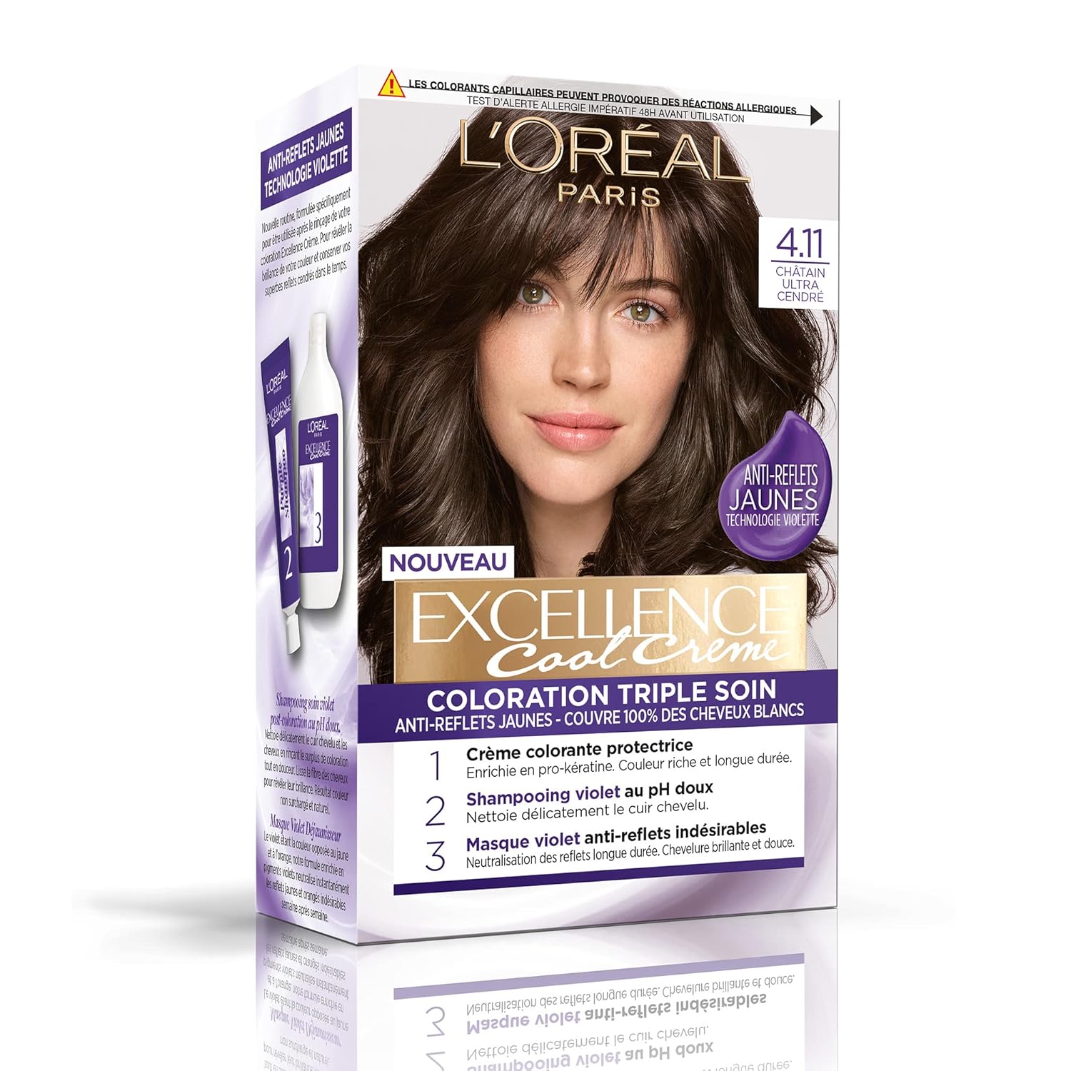 L\'ORÉAL PARIS - Permanent Hair Color Triple Care Anti-Glare Yellow Covers 100% White Hair - Excellence Cool Cream - Ultra Ash Brown (4.11)