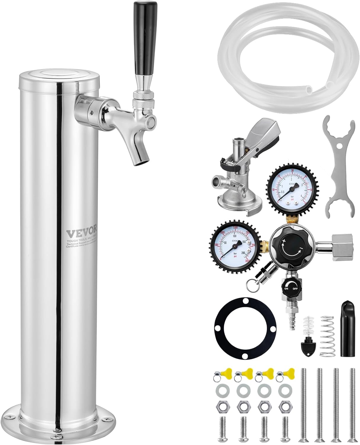 VEVOR Kegerator Tower Kit, Single Tap Beer Conversion Kit, Stainless Steel Barrel Beer Tower Tap with Double Gauge W21.8 Regulator and A System Barrel Coupler, Beer Drip Tray for Home Parties