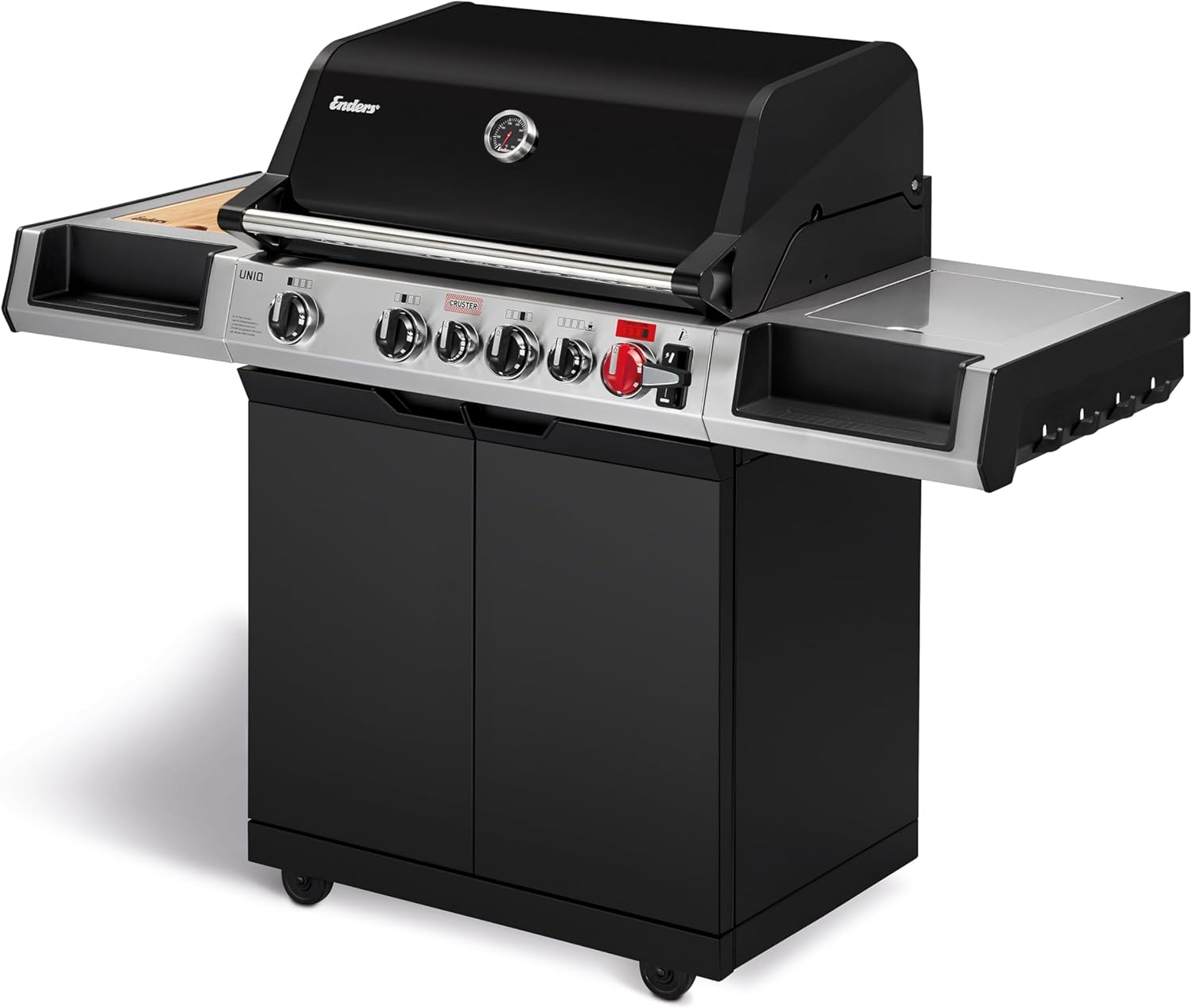 Enders® UNIQ 4 IK CRUSTER® Gas Grill, 4 Stainless Steel Burners, Multi-Level Rotary Control, 800 °C Turbo Zone™, Switch Grid™, Heat Range, Simple Clean™, Double-Walled Cooking Hood, GN ½ Container
