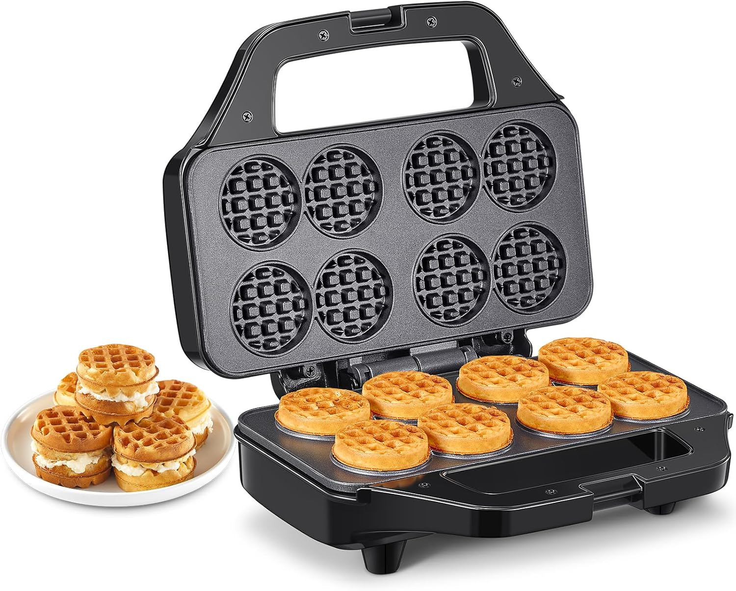 Reemix Mini Waffle Iron, Waffle Maker for 8 x 4.8 cm Mini Waffles, Compact Waffle Maker with Non-Stick Surface, Easy to Use, Ideal for Breakfast & Snacks (Black)