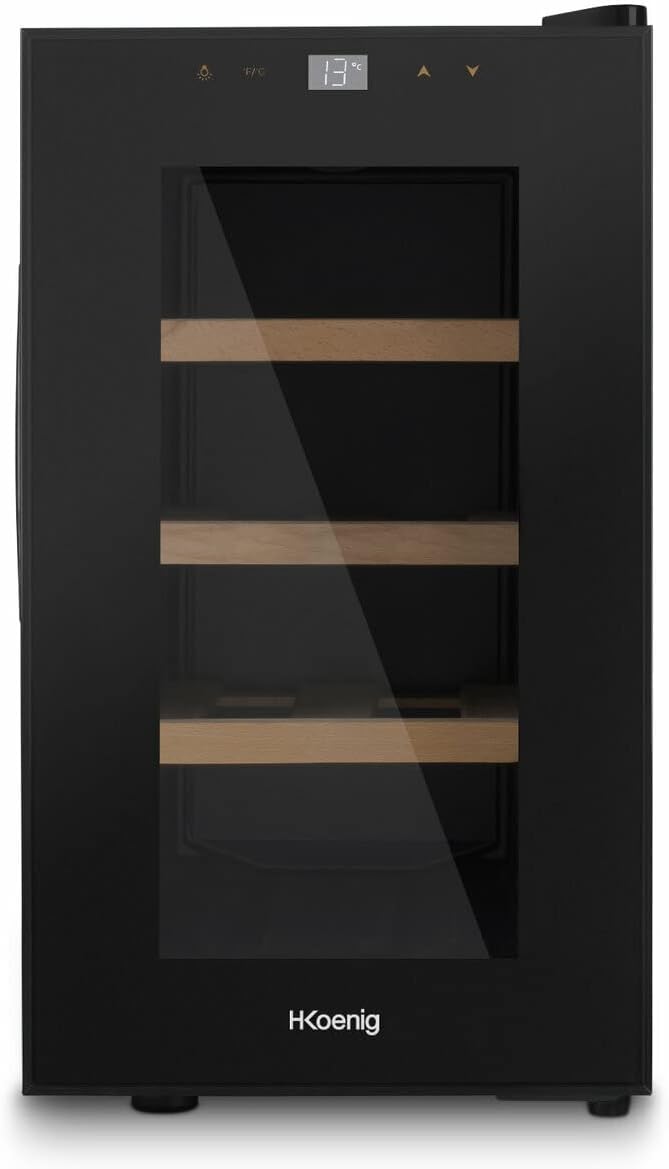 H.Koenig AGE8 Wine Refrigerator / 8 Bottles / Temperature from 11°C to 18°C ​​/ LED Temperature Display / Wood Storage Shelves - Black