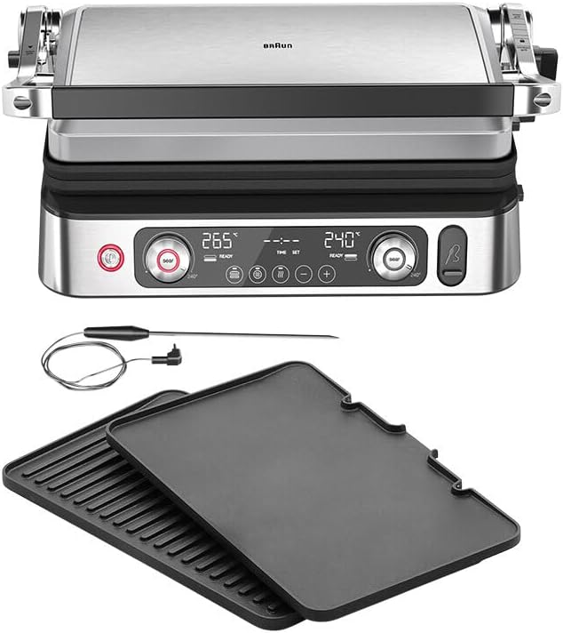 Braun MultiGrill 9 Pro CG 9160 Electric Grill with 2 Independent Thermostats, 3 Cooking Positions, Dishwasher Safe Plates, Integrated Thermoprobe, 2200 W, Black/Stainless Steel