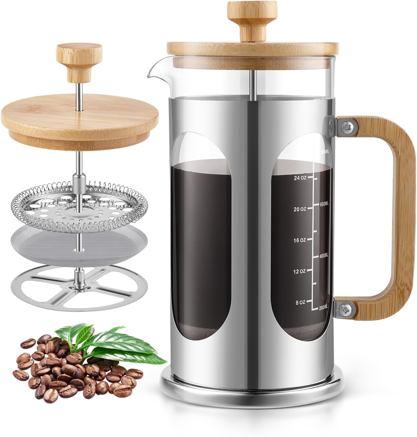 Sivaphe French Press Coffee Machine, 1000 ml, Plastic-Free Cafetiere Coffee Plunger 34 oz, Borosilicate Glass with Bamboo Handle, 8 Cups