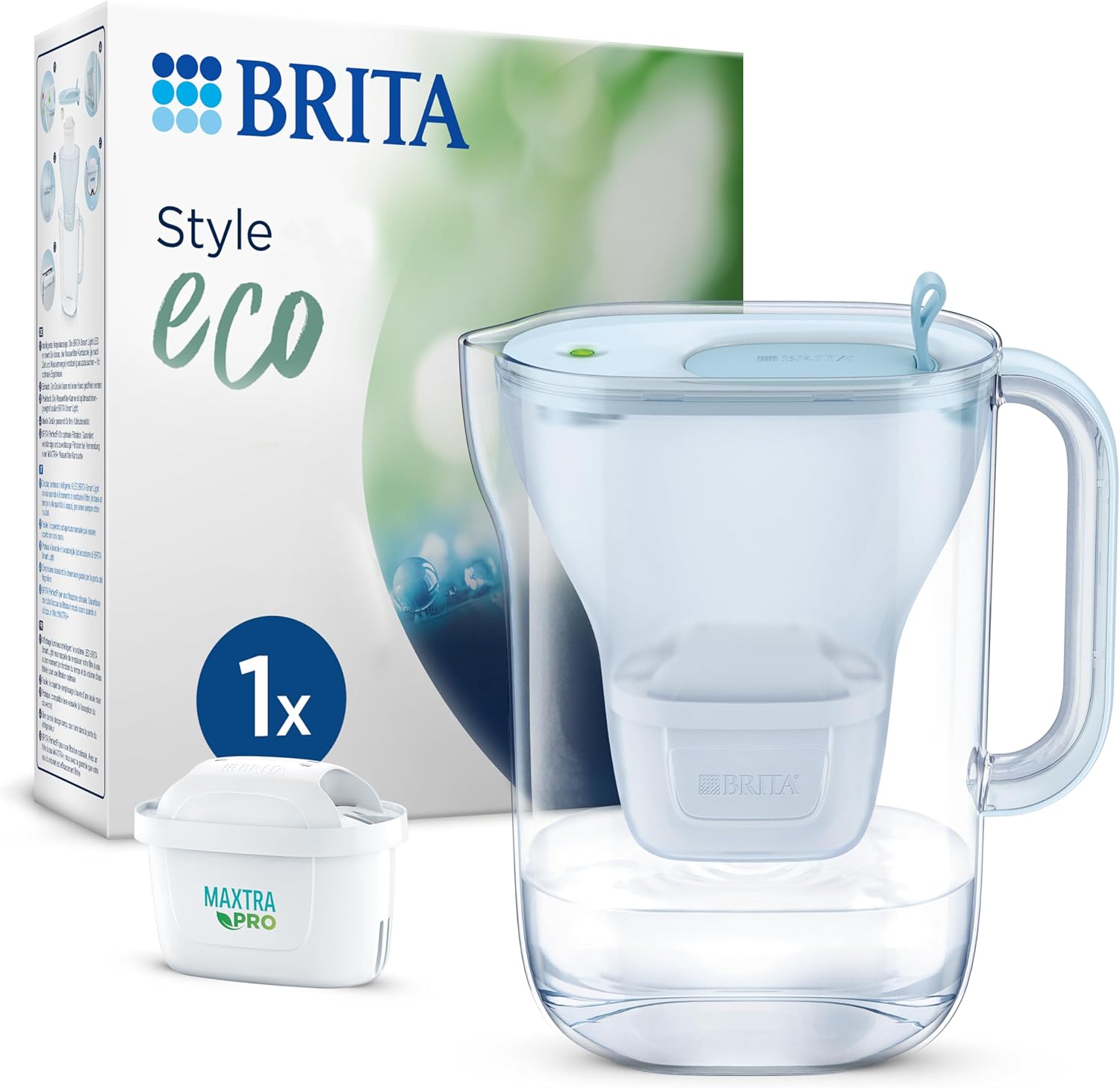 BRITA Style eco water filter jug ​​glacier blue (2.4 liters) including 1 Maxtra Pro All-in-1 cartridge sustainable/reduces limescale, chlorine and impurities