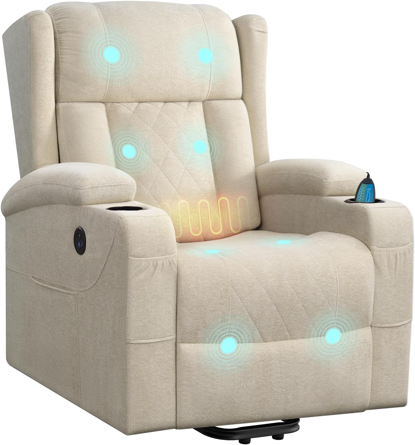WOLTU Store WOLTU Massage Chair, Electrically Adjustable, with Reclining Function, Standing Aid, Massage Heating, Footrest, Side Pockets, Cup Holders, USB Port, Terry Cloth, Beige