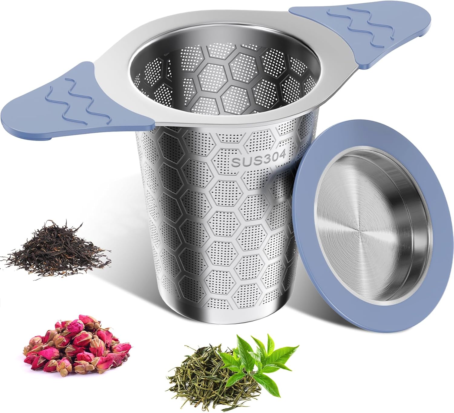 yomanta Tea strainer for loose tea with lid, wide handle with heat-resistant silicone, 304 stainless steel tea strainer for teapots/cups