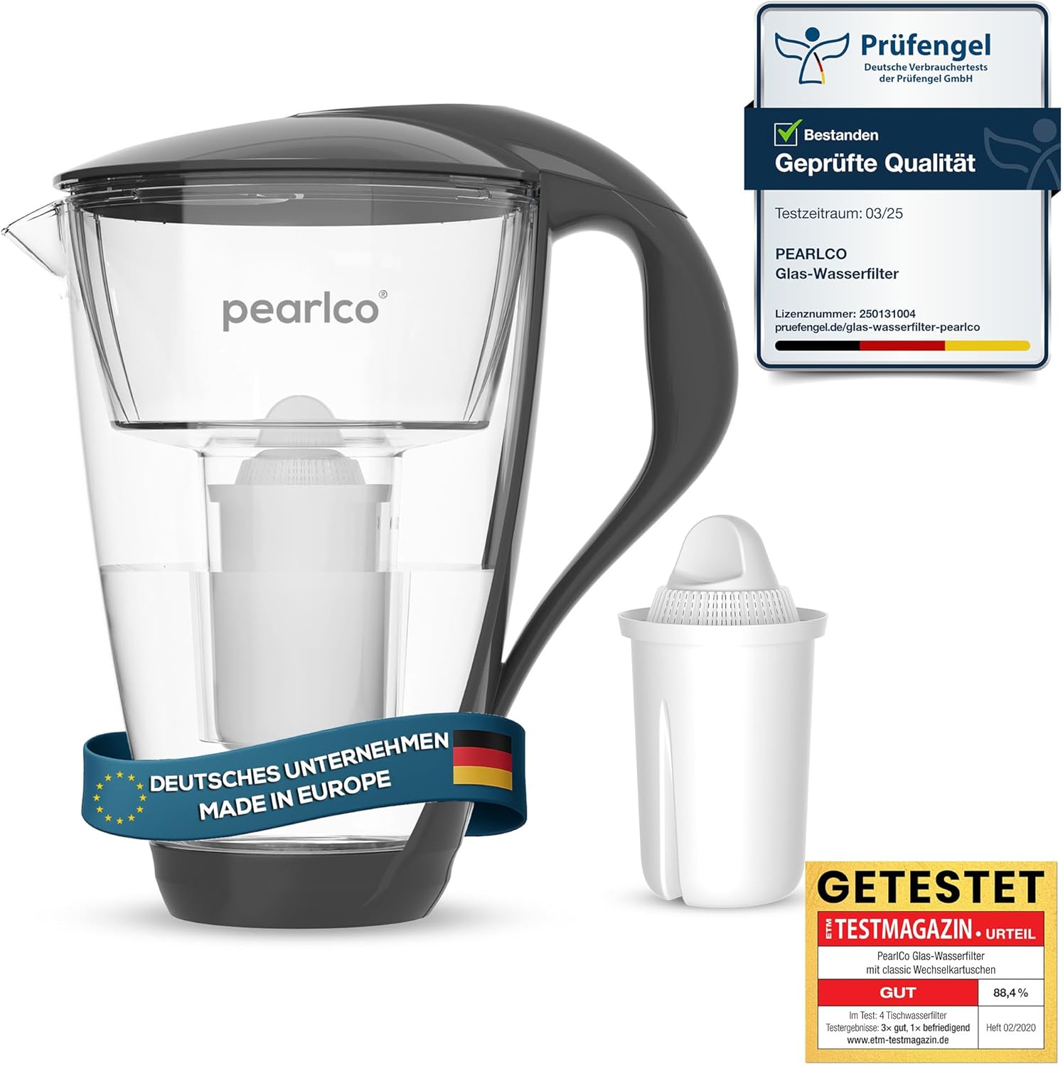 PearlCo Glass Water Filter (anthracite) incl. 1 filter cartridge (compatible with Brita® Classic)