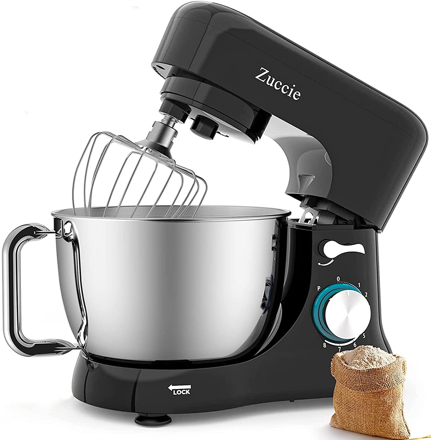 Zuccie Food Processor, 1000 W Dough Kneading Machine, 8+P Gear Shift Mixer with 4.8 L Stainless Steel Bowl, 5 Piece Mixing Tools Set & Splash Guard for Baking, Cakes, Biscuits and Many More (Black)