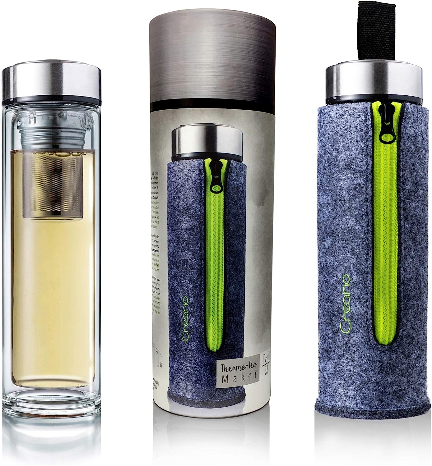 Creano Exclusive \ "Thermo-Teamaker \" Tea Maker 400 ML Made of Double-Walled, Heat-Resistant Borosilicate Glass with Removable Stainless Steel Tea Strainer and Lid in Elegant Felt Bag in High-Quality Gift Box., Green