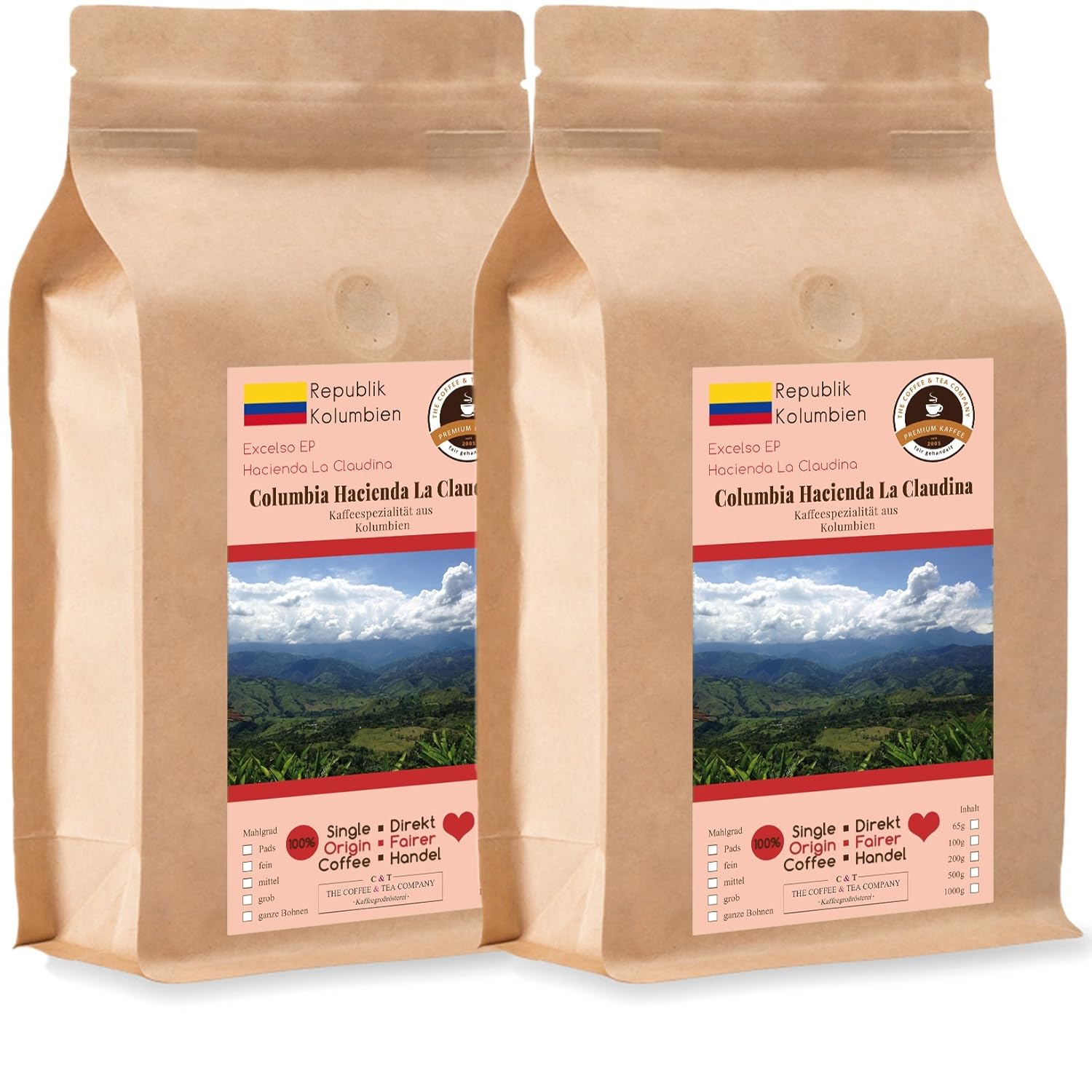 Kaffee Globetrotter Coffee Globetrotter - Coffee with Heart - Colombia Hacienda La Claudina - 2 x 1000 g Whole Bean - for Fully Automatic Coffee Grinder - Roasted Coffee Fair Trade | Refill Pack Economy Pack