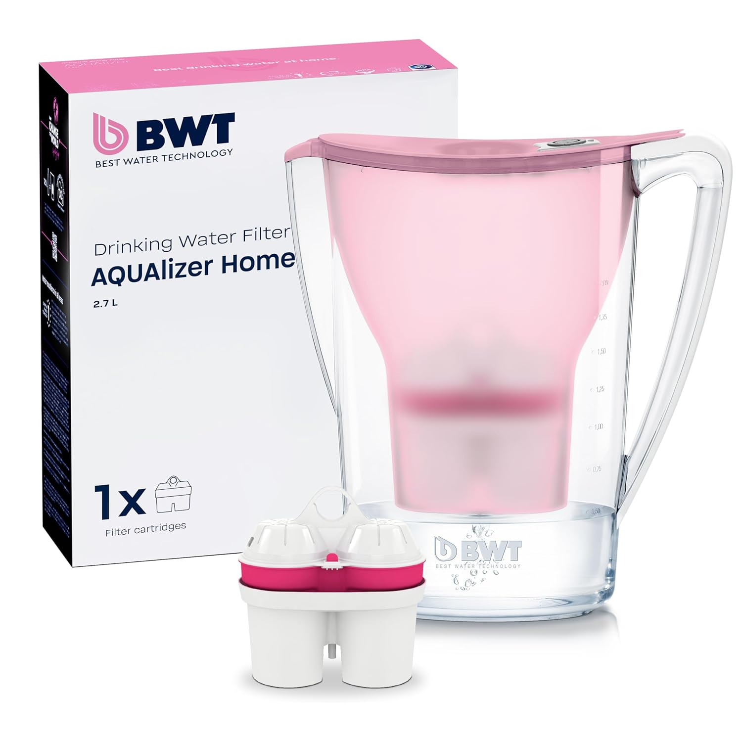 BWT Aqualizer Home Water Filter Pink Includes 1 Magnesium Filter Cartridge Water Filter Drinking Water for Food & Drinks Filters Limescale, Chlorine, Lead & Copper