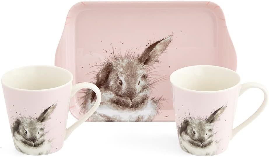 Portmeirion Home & Gifts Royal Worcester X0011659113 Wrendale Designs Bathtime Rabbit Ceramic Mug and Tray, Pink