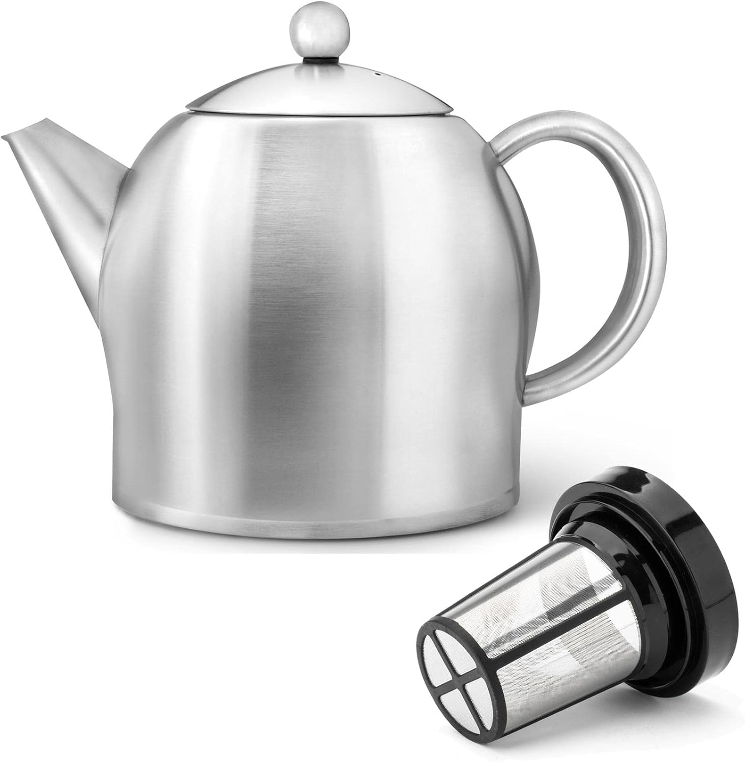 Teapot Set 1.4 Litres - Stainless Steel Matt Double Walled - Large Tea Maker with Tea Filter Attachment for Loose Tea