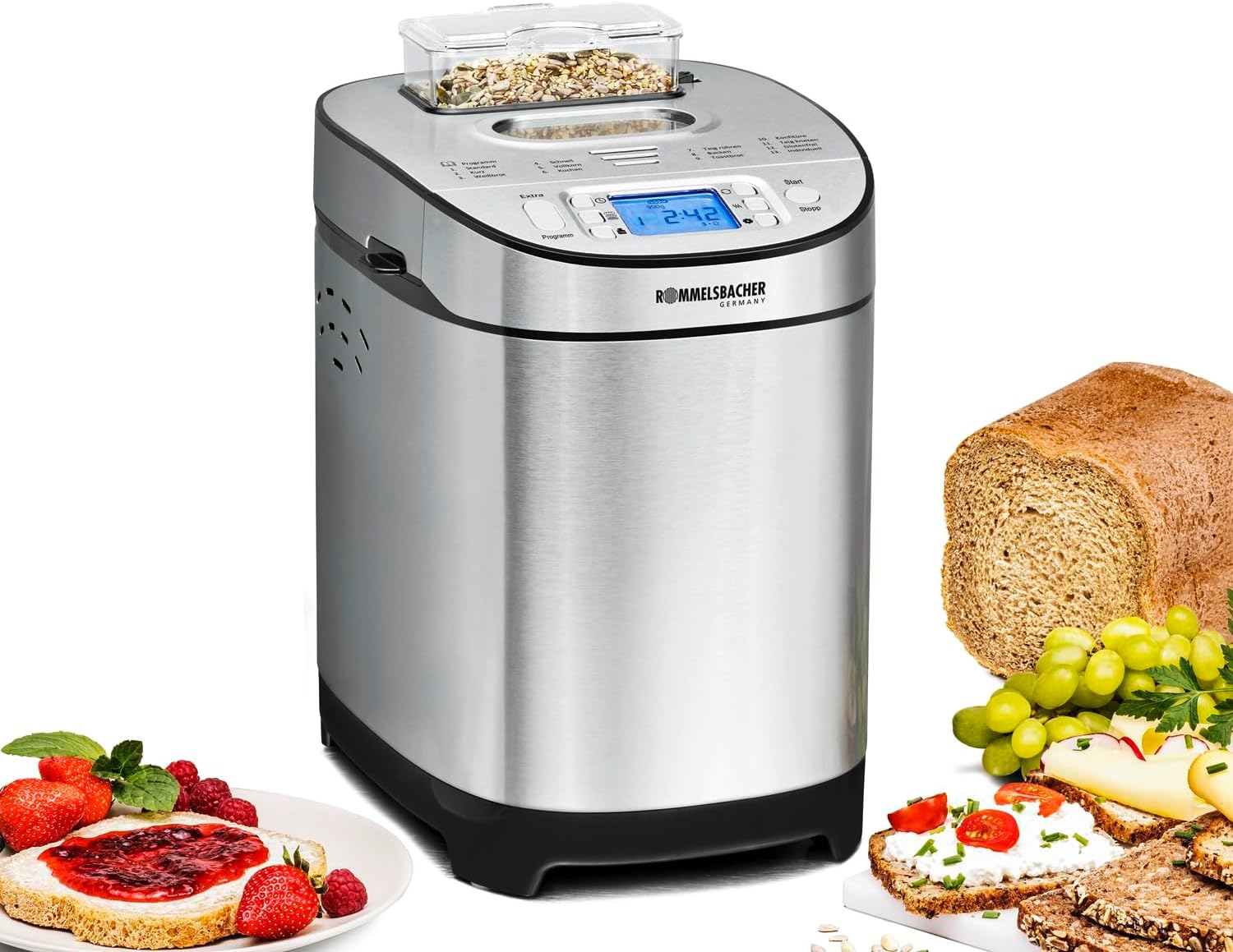 ROMMELSBACHER bread maker BA 550 – 13 programs, automatic ingredient compartment, 2 bread sizes (700 g/900 g), adjustable browning level in 3 levels, also for gluten-free bread, stainless steel / black