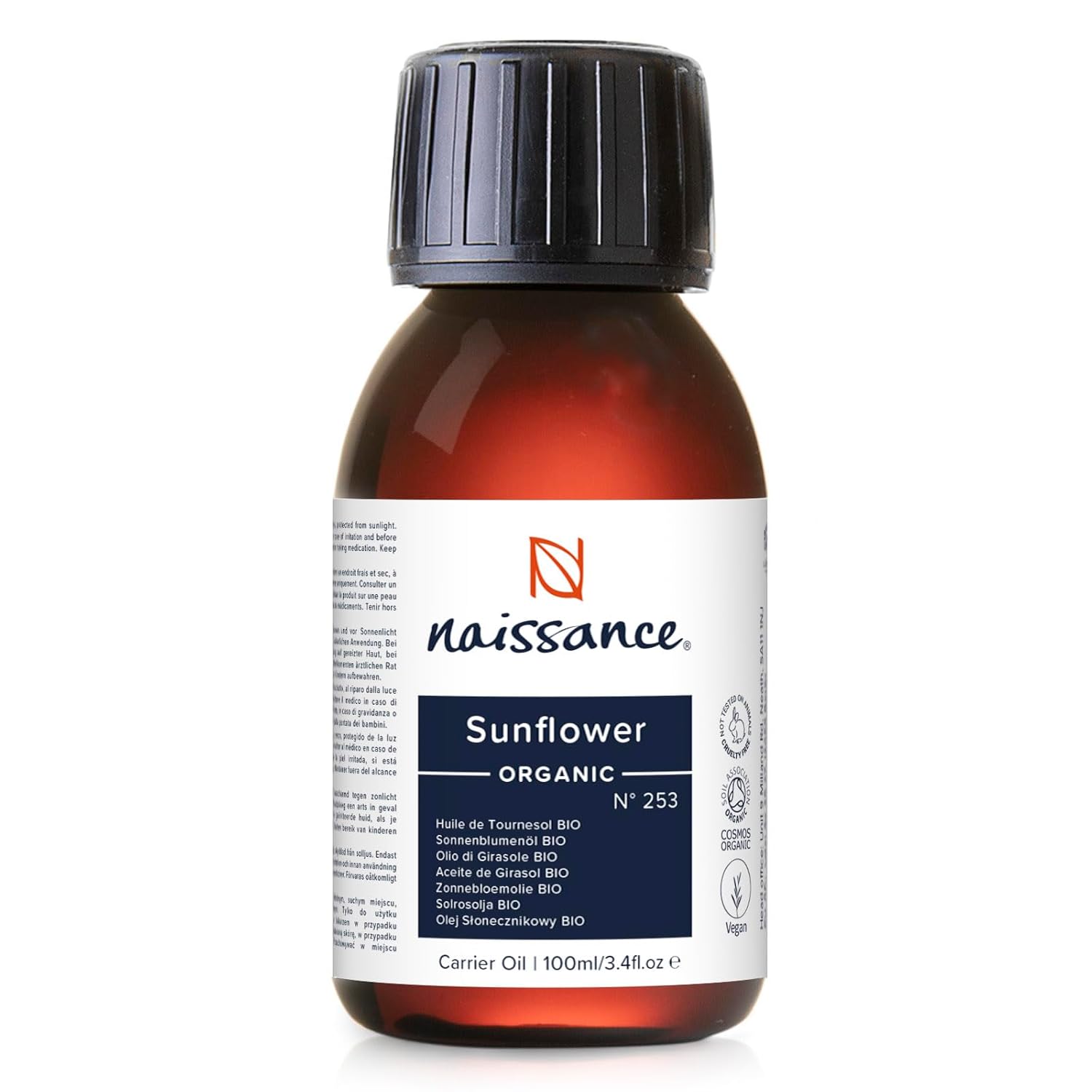 Naissance Organic Sunflower Oil (No. 253) – 100 ml – Certified Organic Pure, Refined – for Skin, Face, Cosmetics, Massage