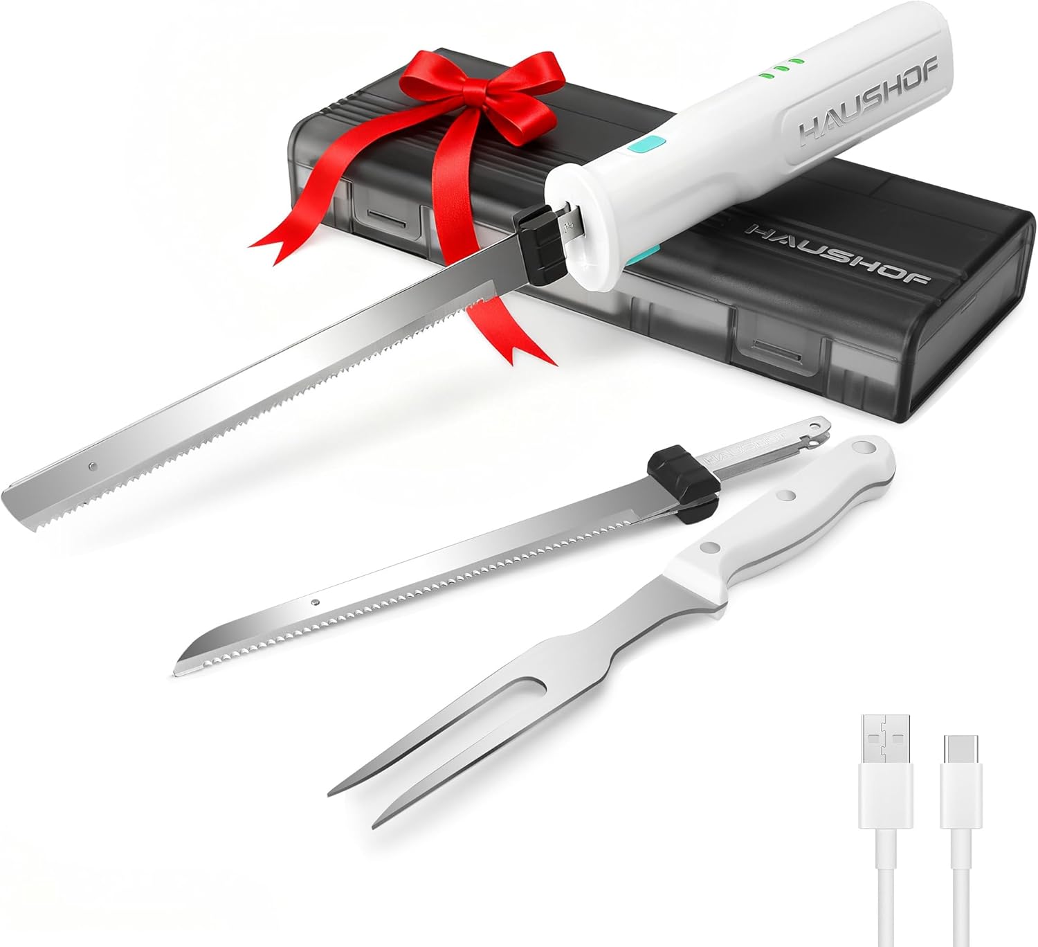 HAUSHOF Electric Knife, Cordless Kitchen Knife with 2 Stainless Steel Blades, Electric Knife with Fork, 2000 mAh Battery for Precise Cutting of Bread, Meat and Cheese, with Storage Box, White