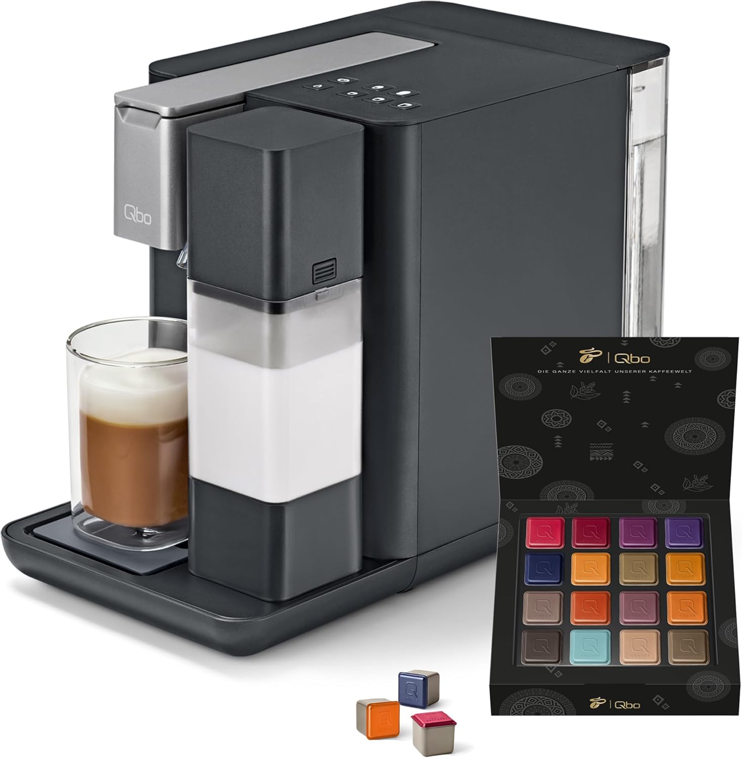 Tchibo Store Tchibo Qbo Milk Master Premium Capsule Machine Including 16 Recyclable Qbo Capsules for Cappuccino, Espresso, Caffè Crema, Milk Foam at the Touch of a Button with Removable Milk Tank 300 ml, Gentle