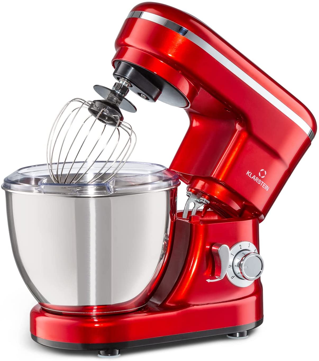 Klarstein Bella Food Processor - Kneading and Mixing Machine with 6 Speed Levels, Stainless Steel, Pulse Function, Planetary Mixing System, 3 Mixing Attachments, 1,200W Power, Red