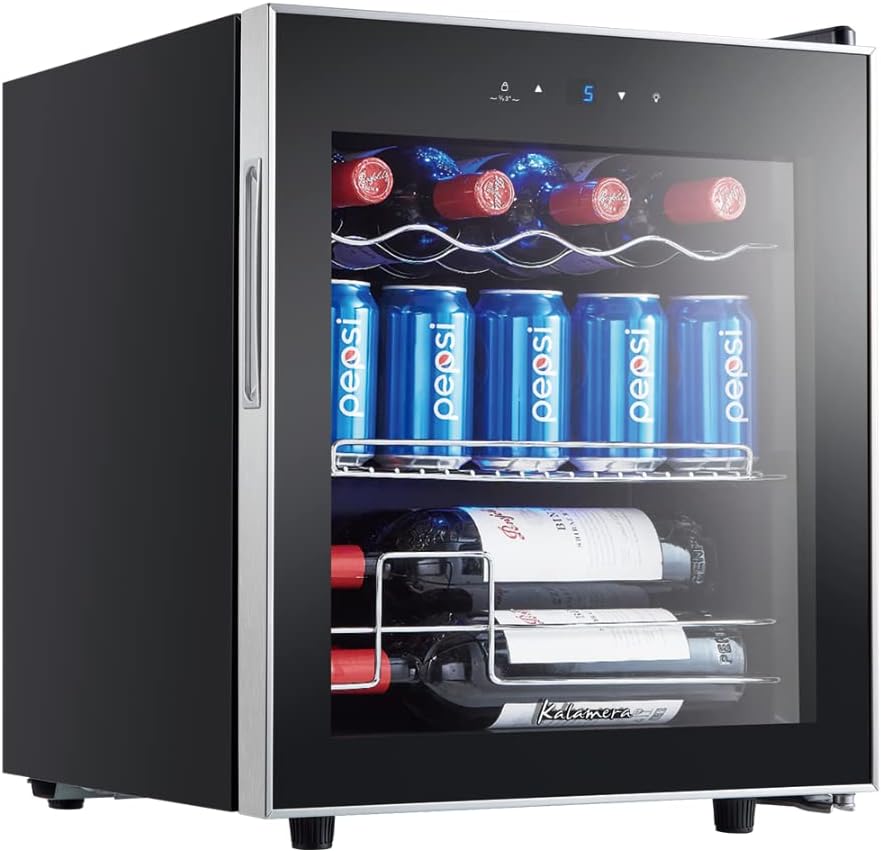 Kalamera KRC-40GE Drinks Fridge, Mini Fridge with Touch Control Panel, 5-18 °C Cooling Zone, Stainless Steel Glass Door, Bottle Fridge 40 Liters