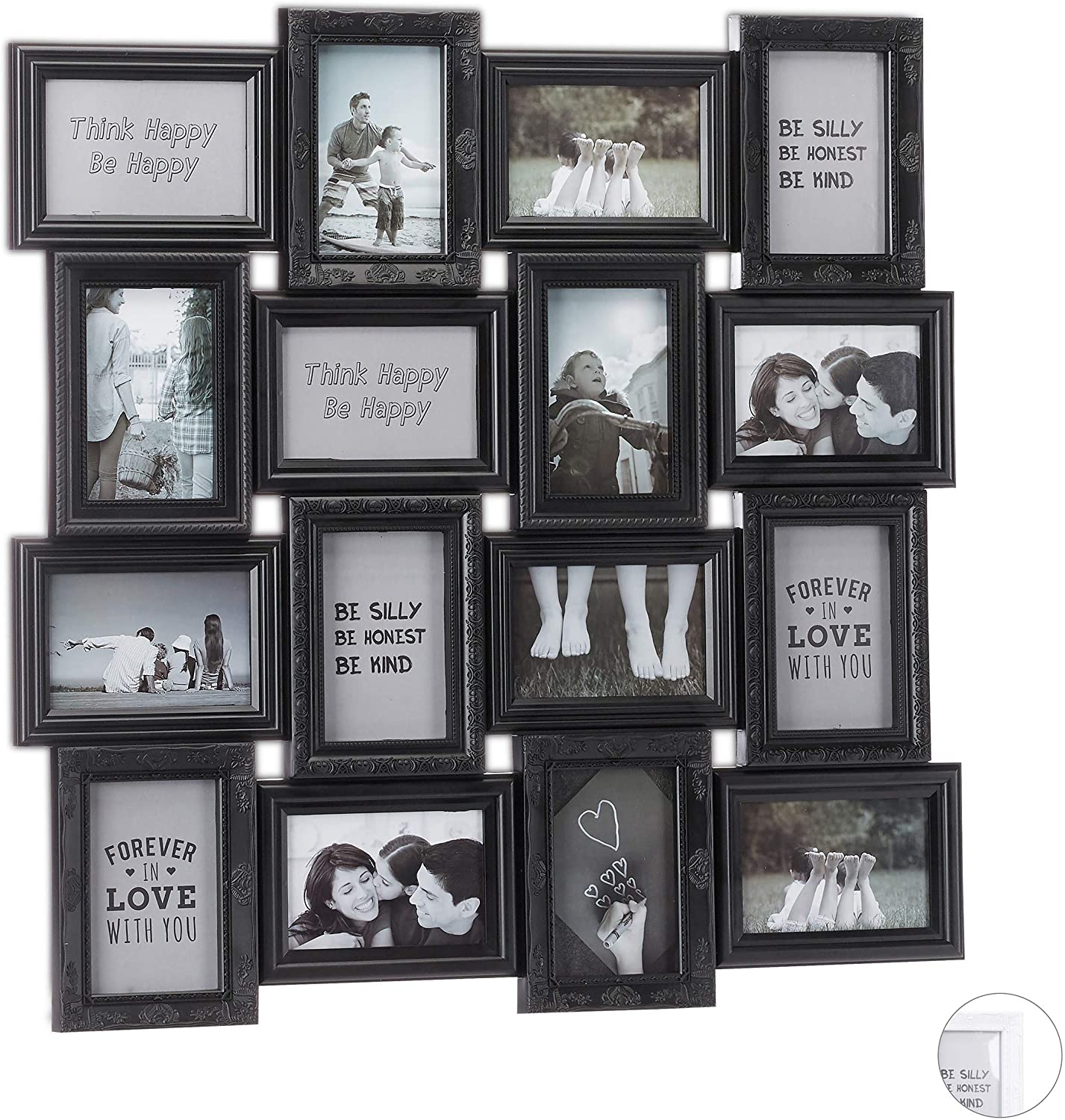 Relaxdays Collage Photo Frame for 16 Photos 9 x 13 cm Portrait or Landscape Format Plastic Frame H 70 x W 70 cm Black