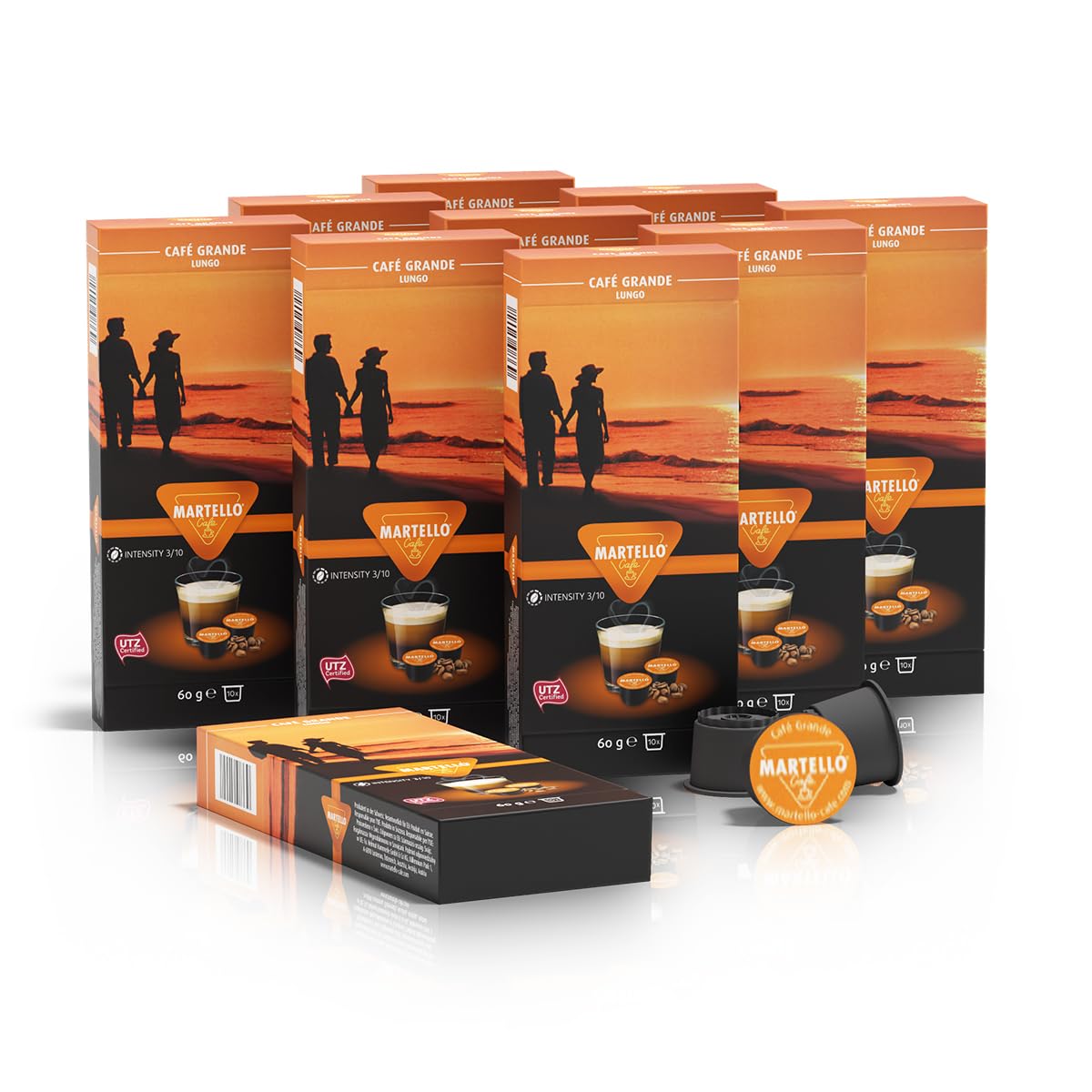 MARTELLO Cafe Martello Coffee Capsules Grand Lungo UTZ Certified Sustainable and Fair Hand-Picked Master Pack 100 Capsules (10 x 10), for Martello Capsule Machines