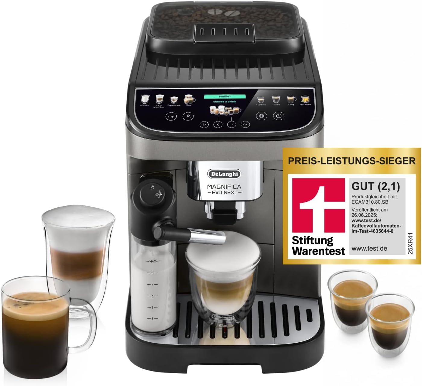 De\'Longhi Magnifica Evo Next - Perfetto Fully Automatic Coffee Machine with LatteCrema Milk Frother, 13 One-Touch Drinks, Coffee and Cappuccino Coffee Machine, Coloured Touch Display, Titanium (ECAM312.80.TB)