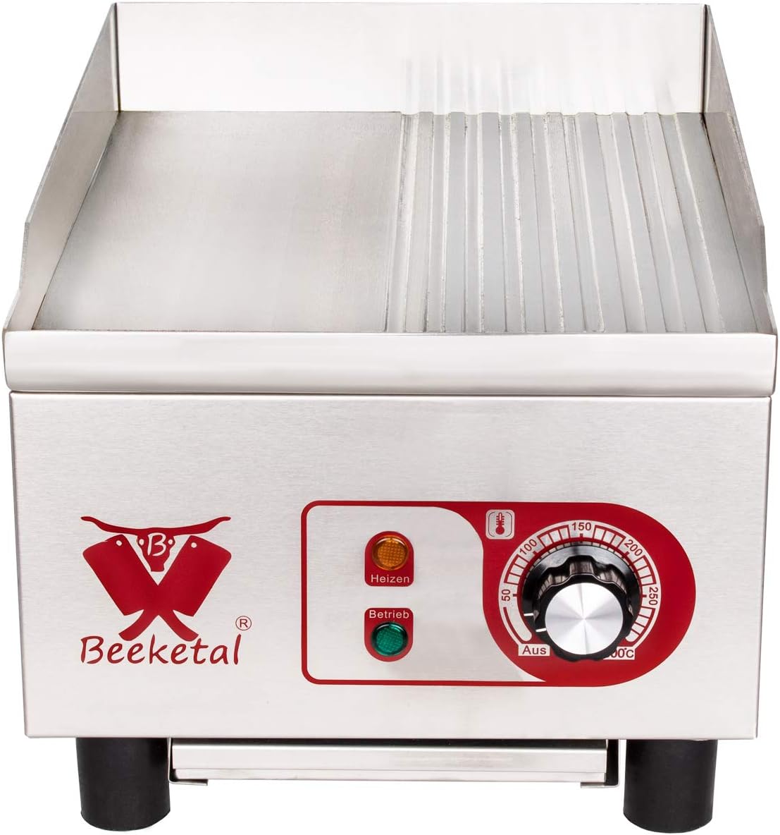 Beeketal professional cast iron grill plates, electric, temperature infinitely adjustable 50-300 °C, stainless steel catering table, electric grill with splash guard and large fat collection container