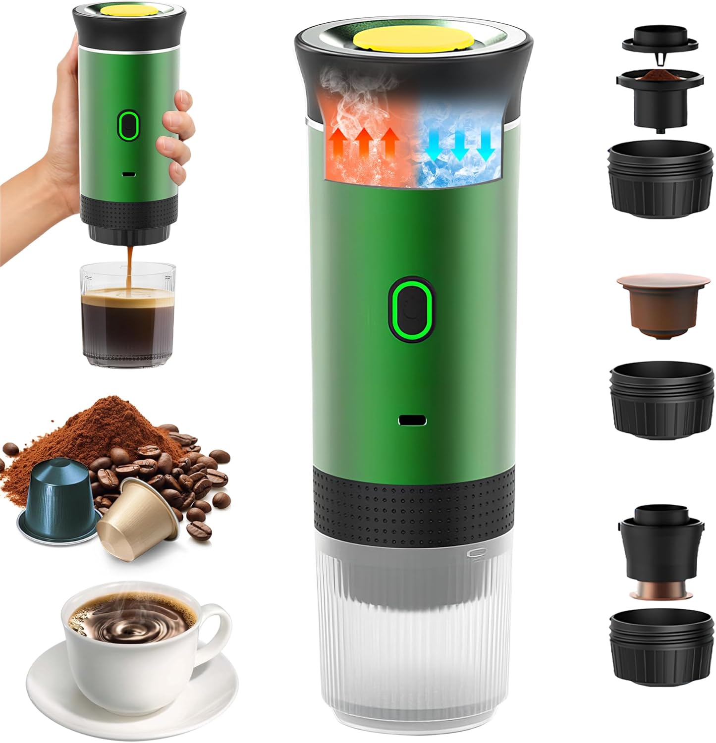 Umisu Portable 3-in-1 Electric Espresso Machine, Capsule Machine and Ground Coffee, Espresso Machine, Electric Fast Heating, for Office, Travel, Camping, Home (Green)
