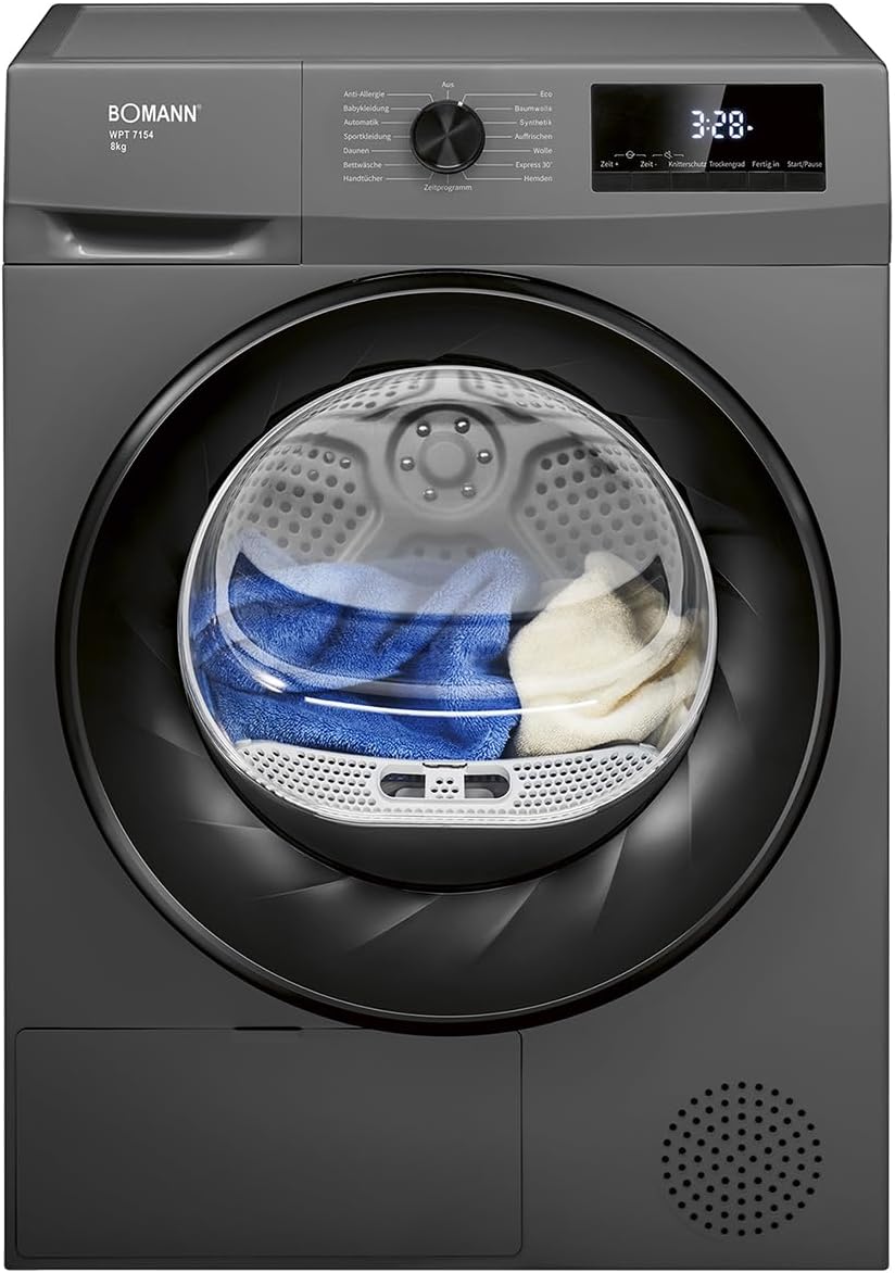 Bomann® Heat Pump Dryer 8 kg | No Water Connection Required | Dryer with anti-wrinkle function | Tumble Dryer 15 Programs | Condenser Dryer | Environmentally Friendly Coolant R290 | WPT 7154 Titanium