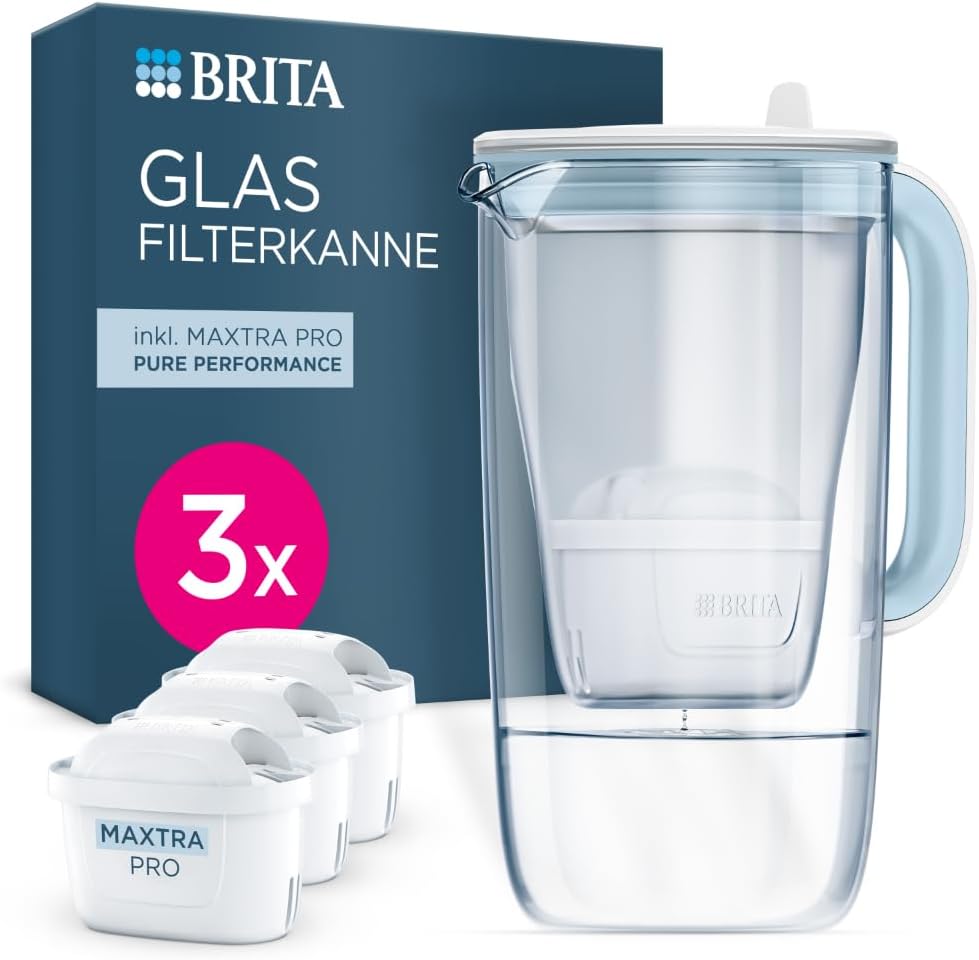 BRITA Water Filter Jug Glass Light Blue (2.5 L) Including 3 Maxtra Pro Pure Performance Cartridges - Premium Glass Jug with Smart Light LED & Hinged Lid - Filters Impurities, Lime, Metals etc.