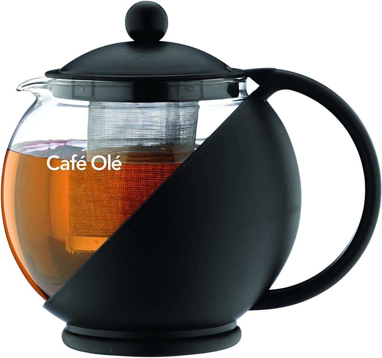 Cafe Ole Café Ole Everyday Round Teapot Infuser Basket Glass Teapot Loose Leaf, Black, 700 ml / 24 oz