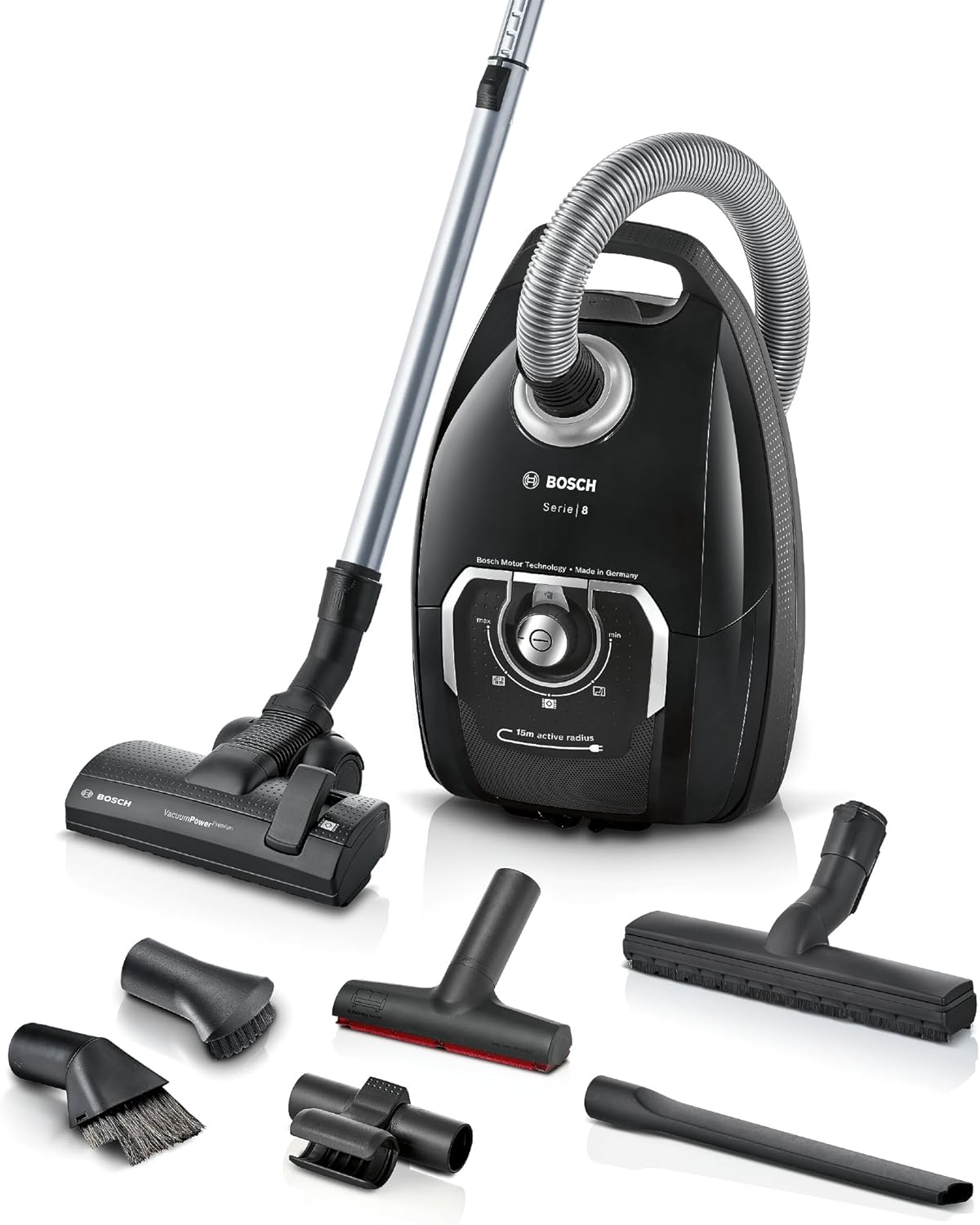 Bosch BGL8XALL Series 8 Vacuum Cleaner with Bag, Test Winner, Ideal for Allergy Sufferers, Hygiene Filter, Hard Floor Nozzle, XXL Upholstery Nozzle, Long Cable, Made in Germany, 650 W, Black