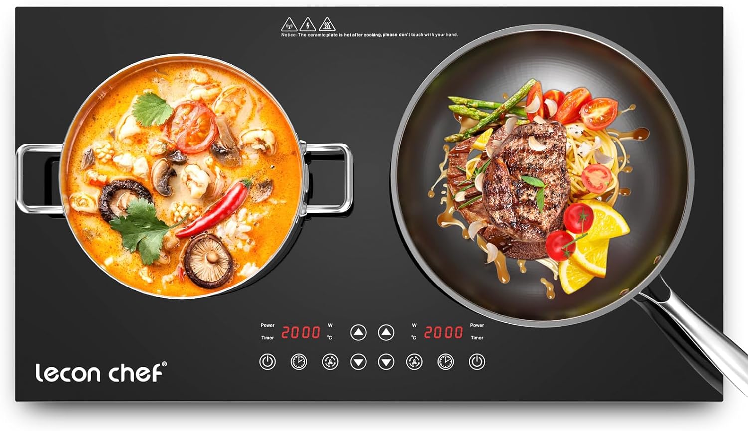Double induction hob, induction hob, 2 plates, 2000 W + 2000 W, independent control, 10 temperature levels and power levels, touch display, 240 min timer