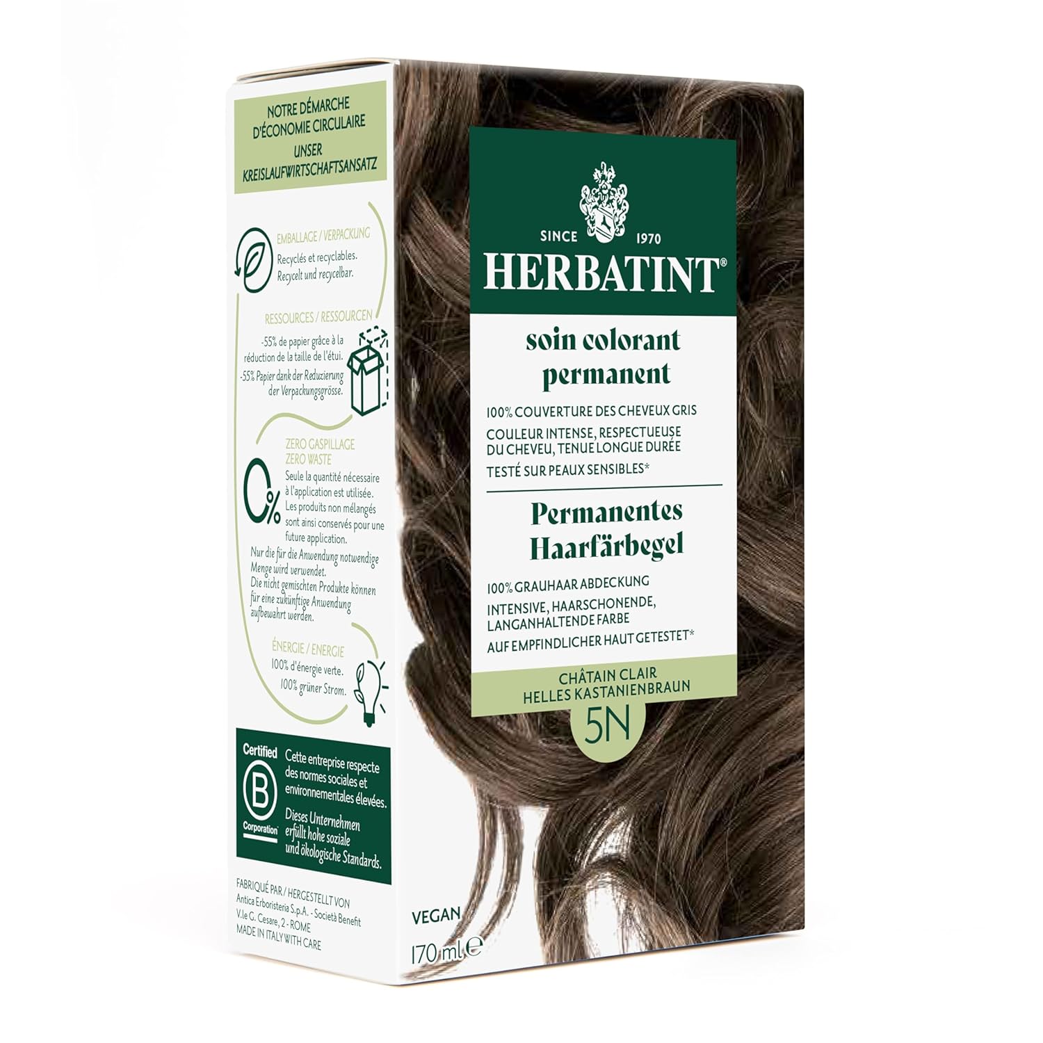 Herbatint Permanent Hair Dye Gel 5N Light Chestnut Brown - 170 ml I No Ammonia, 100% Gray Hair Coverage I Tested for Sensitive Skin with 8 Plant Extracts